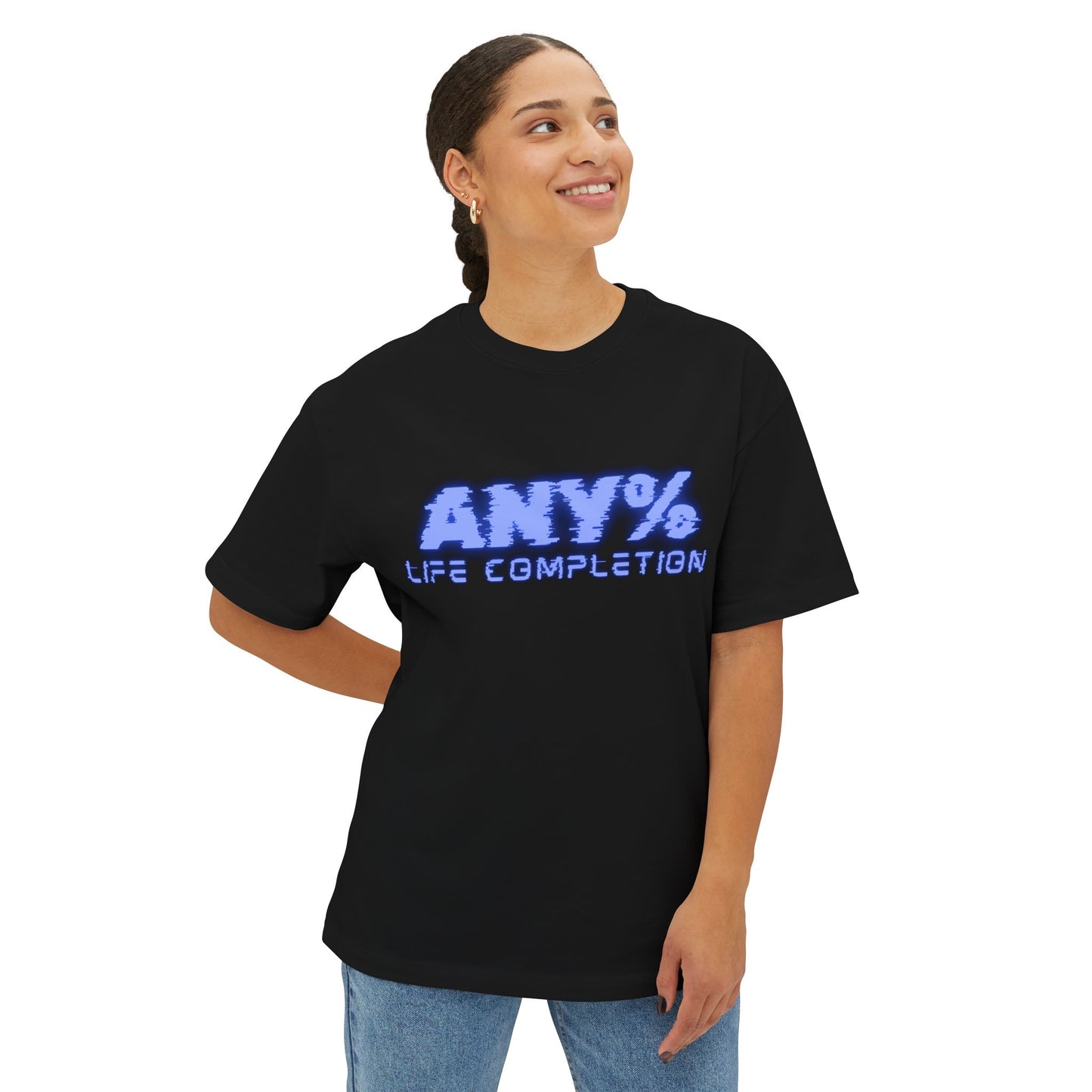 Any% Life Completion Unisex Oversized Boxy Tee, Casual T-Shirt, Gamer Apparel, Relaxed Fit Top, Gift for Gamers