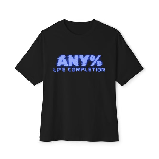 Any% Life Completion Unisex Oversized Boxy Tee, Casual T-Shirt, Gamer Apparel, Relaxed Fit Top, Gift for Gamers